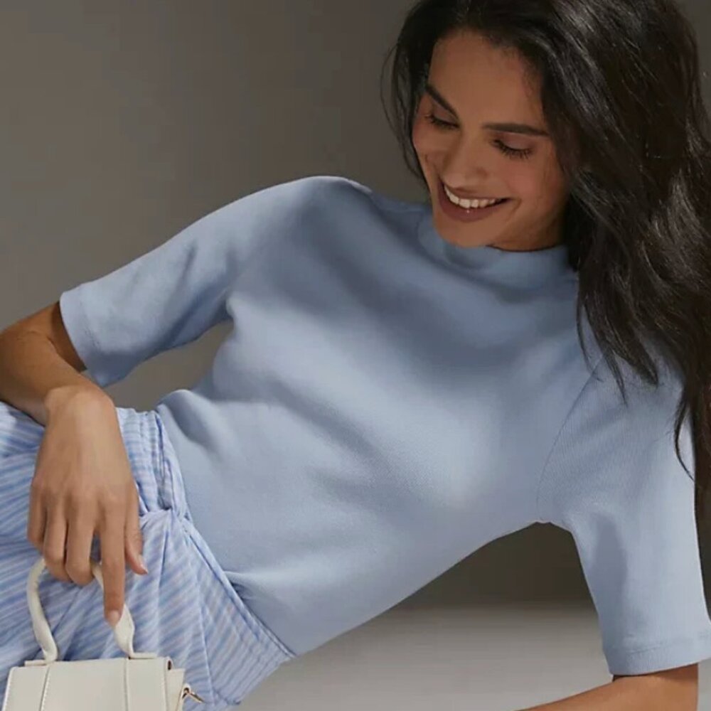 NWT Maeve Mock Neck Top Anthropologie Blue Ribbed Pullover  Large L